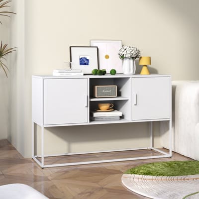Wishdor Metalen Dressoir - 6 Vakken - Met Anti-Kantelvoorziening - Met Magnetische Sluiting - Wit - 120 X 40 X 75 Cm