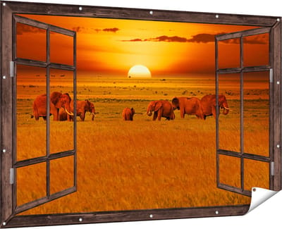Gards Tuinposter Doorkijk Olifanten in het Wild - Zonsondergang - 180x120 cm - Tuindoek - Tuindecoratie - Wanddecoratie buiten - Tuinschilderij