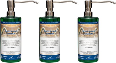 Body & Hair Hamam 500 ml met 3 luxe RVS zilverkleurige pompen - set van 3 stuks - 2 in 1 voor lichaam en haar - voordeelverpakking