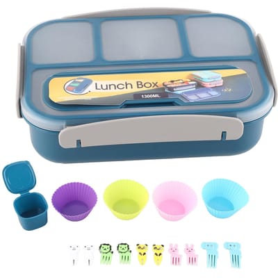 Set van 16 Bento Box Herbruikbare 1300ml 4 Compartimenten Volwassen Lunchbox met Lepel voor Fruitlunch Blauw L blauw