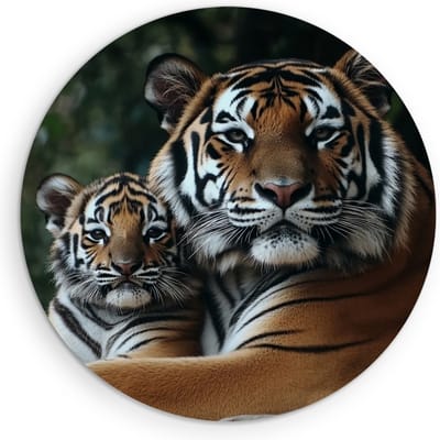 Saammp Muurcirkel Hout - Tijger welp met moeder - Natuur - Dieren - Ø 90 - Wandcirkel - Wanddecoratie Cirkel - muurdecoratie Woonkamer - Slaapkamer decoratie - Rond Schilderij