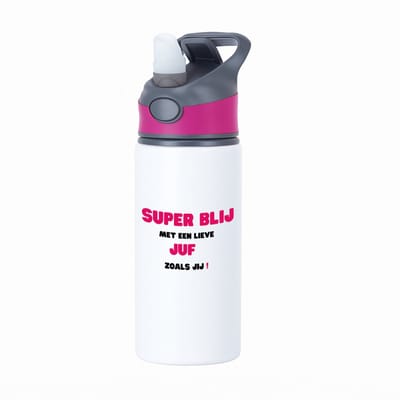 Hacebo® - super blij met een lieve juf zoals jij waterfles met rietje roze - Juf - leraressen - verjaardag - cadeautje voor juf - juf artikelen - kado - geschenk - collega's - water fles - 650ML