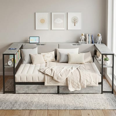 MIVRAY Dagbed 140x200 cm - Zonder Matras Met USB En Oplaadpoort En 2 Laden - Met Opbergruimte Voor Slaapkamer Of Jeugdkamer - Grijs