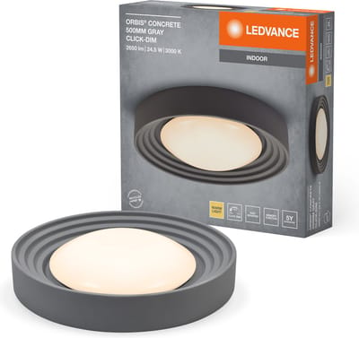 LEDVANCE ORBIS Concrete, grijze betonnen plafondlamp met LED, 24,5W, 1800lm, 3000K vriendelijk warm wit, dimbaar in 3 stappen door te klikken, 500mm diameter, IP20 bescherming, geschikt voor badkamers