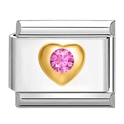 Quiges - Schakel - Bedel - 9mm - charms - Gouden hart met roze - zirkonia - Geschikt voor - armband - Schakelarmband - italy bedels armband