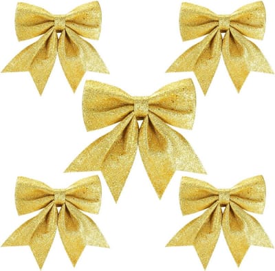 MTTProducts - Kerstboomstrikken - Gouden kerstdecoratie - Grote glitters - 5 stuks - Perfect voor kerst - 24 en 18 cm