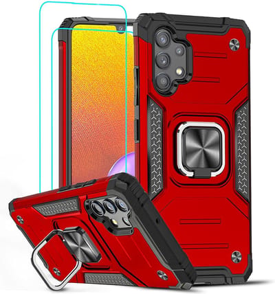 Hoesje Geschikt Voor Samsung Galaxy A32 4G Hoesje Heavy Duty Armor Hoesje Rood - Galaxy A32 4G Case Kickstand Ring cover met Magnetisch Auto Mount- Hoesje Geschikt Voor Samsung Galaxy A32 4G screenprotector 2 pack