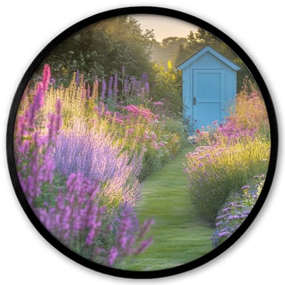 Poster in lijst Rond - Fotolijst 40x40 cm - Posters - Tuinhuisje - Blauw - Bloemen - Ronde posterlijst zwart - Decoratie - Wanddecoratie woonkamer - Muurdecoratie slaapkamer