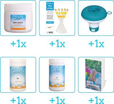 Zwembad Onderhoudspakket - Onderhoud Zwembad - bevat Chloor - Testrips - Chloordrijver - PH-min - PH-plus en Zwembadgids (6-delig)