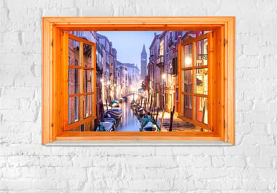 Fotobehangkoning - Behang - Vliesbehang - Fotobehang Venetië vanuit het Raam 3D - Venice View - 150 x 105 cm