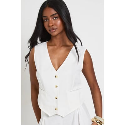 boohoo Dames Gilet Op Maat Met Linnen Look | Natural | Maat: 38