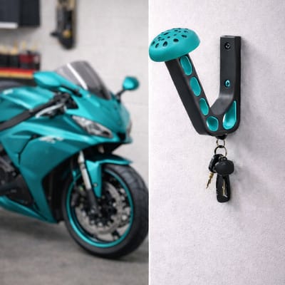 Motor helm houder inclusief haakje voor sleutels – Turqouise – helmhouder – helm kapstok - wandmontage