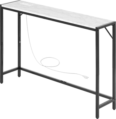 Moderne Marmeren Consoletafel met Stopcontact, Slanke Bijzettafel Van Ijzeren Buizen met Kantelbeveiliging En Stabiele Driehoekige Steun voor Woonkamer, Hal En Entree