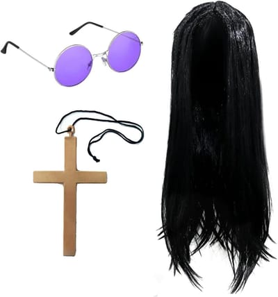 3-delige Accessoire Set voor Rockster Kostuum, Lange Zwarte Peruk, 70s en 80s Kostuumaccessoires voor Volwassenen, Hippie en Legende Thema Outfit