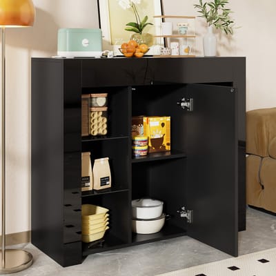 DESMIU Dressoir - Hoogglans Opbergkast Met Glazen Planken En Deur - Voor Woonkamer Eetkamer Of Keuken - Spaanplaat - 95x35x83 Cm - Zwart