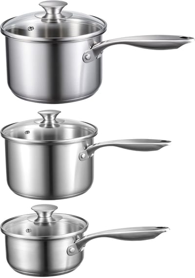 RVS sauspan Set, 0.95 L, 1.89 L en 2.84 L Pannen Met Glazen Dekken, Veelzijdige Nonstick RVS Kookgerei Met Comfortabele Handvat, Geschikt voor Oven, Vaatwasser en Inductie kookplaten