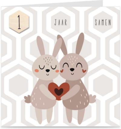 1 JAAR SAMEN | kaart / wenskaart met envelop | KONIJNTJES | voor relatie / partners / koppel
