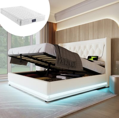 MEUNIQ gestoffeerd tweepersoonsbed 160x200 cm met hydraulische opbergruimte, USB en Type-C, 3-zijdige LED-verlichting, kunstleer, wit, slaapkamer