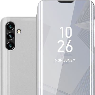 Cadorabo Hoesje geschikt voor Samsung Galaxy A13 5G in AGAAT ZILVER - Clear View Spiegel Beschermende Case met Tribunefunctie 360 Graden Bescherming Book Case Cover Etui