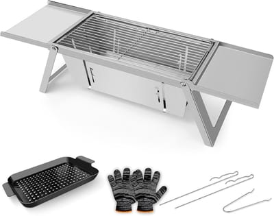 Draagbare Houtskool Barbecue - Compacte Klapgrill voor Buiten, Tuin en Feest - Roestvrij Staal, 54 x 21 x 17,5 cm