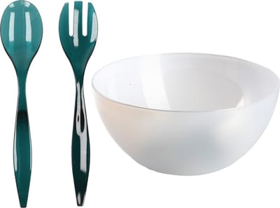 Plasticforte Salade/sla serveerschaal - transparant - kunststof - D28 cm - met sla bestek - blauw - 29 cm