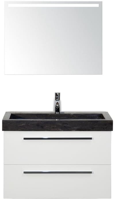 Seville Badmeubelset 80 cm - Wit Hoogglans - Wastafel Hardsteen Wit Lucca met Sence Spiegel