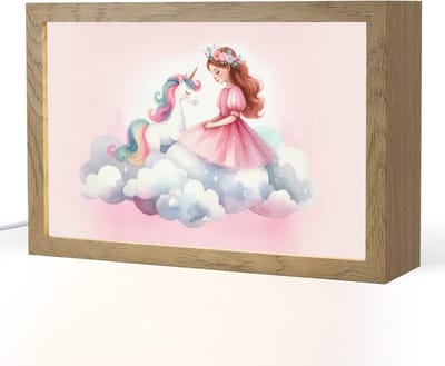 Nachtlampje 30x20 cm - Kinder lampje - Eenhoorn - Prinses - Unicorn - Roze - Wolken - Tafellamp kinderkamer - Slaapkamer lamp - Bedlamp kinderen - Kinderlampje stopcontact - Wandlamp babykamer - Nachtlampjes