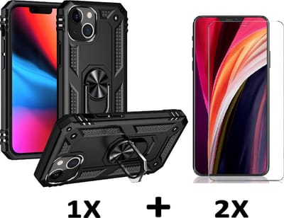 HB Hoesje Geschikt voor Apple iPhone 13 - Zwart / 2X Glazen Screenprotector - Anti-Shock Hybrid Armor Back Cover - Hoes met Kickstand Ring