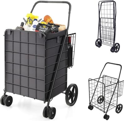 Inklapbare Boodschappentrolley met Afneembare Tas en 2 Manden - Multifunctionele Winkelwagen voor Winkelen en Transport
