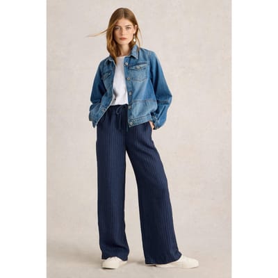 White Stuff Belle Linen Wide Leg Trouser Navy Multi Maat: 6 LONG | Wijde Broeken Outlet | Dames | Blauw