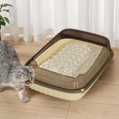 Oneay Grote kattenbak voor binnen met een halfgesloten ontwerp met hoge spijlen om spatten te voorkomen en voldoende ruimte te bieden voor uw kat. Inclusief schepje. Geschikt voor zowel binnen- als buitengebruik (groen).