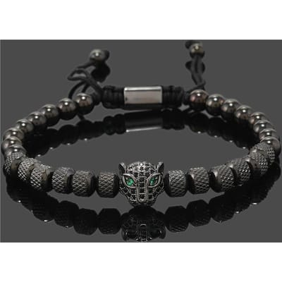 Bracelet Homme Tête de Léopard Noir Royal de Luxe Perles en Acier Inoxydable Bijoux de Main Cadeau pour Grand Garçon noir