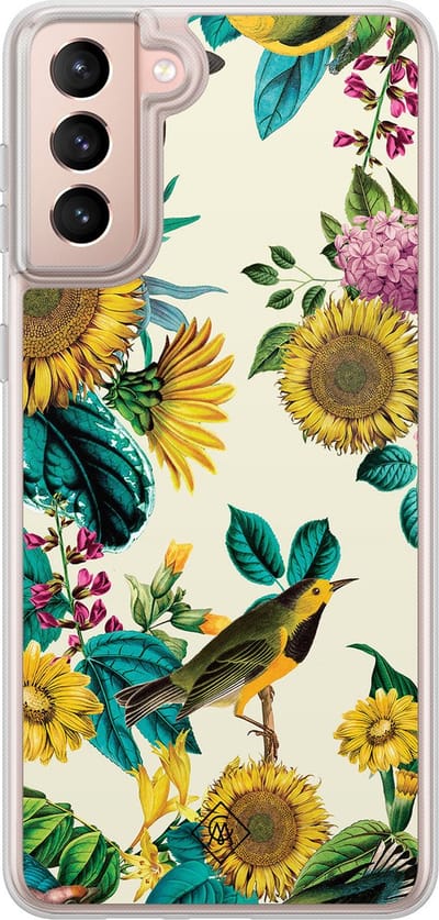 Casimoda® hoesje - Geschikt voor Samsung Galaxy S21 - Zonnebloemen / Bloemen - 2-in-1 case - Schokbestendig - Bloemen - Verhoogde randen - Geel, Transparant