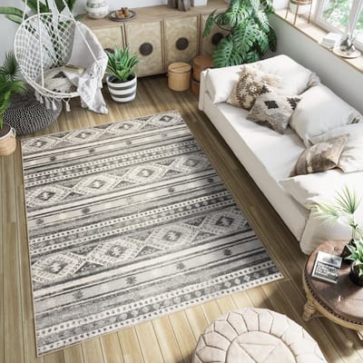 Tapiso Ethno Vloerkleed Woonkamer Slaapkamer Antraciet Vintage Abstract Driehoek Lijnen Sfeervol Design Woonsfeer Duurzaam Hoogwaardig Tapijt Maat - 80x150