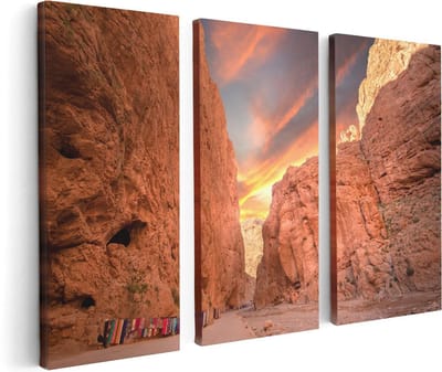 Artaza Canvas Schilderij Drieluik Todghakloof Rivier in Atlas, Marokko - 120x80 cm - Wanddecoratie Woonkamer - Schilderijen - Muurdecoratie