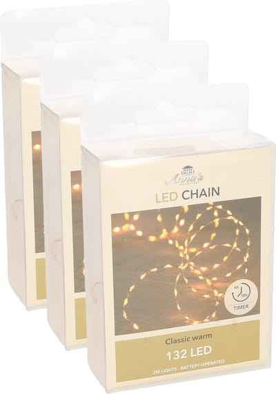 Anna's Collection Draadverlichting - 3x - koper - 132 led lampjes - klassiek warm wit - batterij - timer - lichtsnoer - Koperdraad sfeerverlichting
