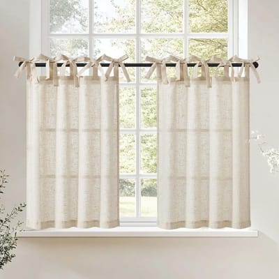 Vitrage Set - Keukengordijnen Linnenlook - Privacy en Licht - Lichtdoorlatend Ondoorzichtig - 2x 60x65 cm - Beige
