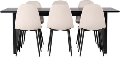 Vail eethoek tafel zwart en 6 Polar stoelen beige.