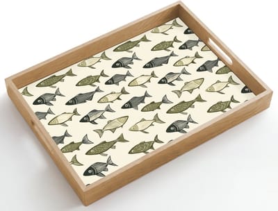 Dienblad hout 50x35 cm - Schootdienblad - Vissen - Klassiek - Groen - Borrelplank rechthoek - Plateau dienbladen