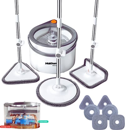 MakHome 5-in-1 Slimme Dweil – Dweilsysteem met Druppelvormige Emmer – Binnenbak voor Schoon Water, Buitenbak voor Vuil Water – 3 Opzetstukken & 6 Microvezeldoeken