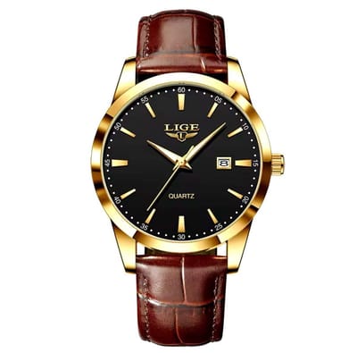 Lige - Herenhorloge - Polshorloge - Heren - Horloge - Horlogedoos - Mannen - Goud Zwart - Bruin Lederenband