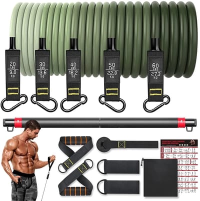 Weerstandsbandset Fitness – 5 Tubes Trainingsbanden met Deuranker, Handgrepen, Enkelbanden en Fitnessstok | Oefenbanden voor Krachttraining, Thuisfitness en Revalidatie