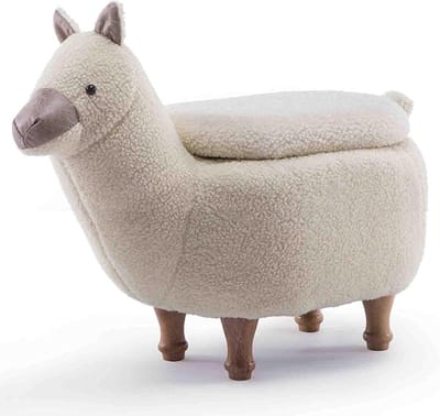 Dieren Voetenbank - Opbergkruk Poef - Schoenen Wisselen - Gewatteerd Kussen - 68x34x38cm - Wit Schaap