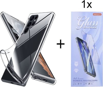 Soft Back Cover Hoesje Geschikt voor: Samsung Galaxy S22 Ultra Silicone Transparant + 1X Tempered Glass Screenprotector - ZT Accessoires