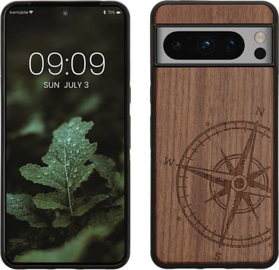 kwmobile telefoonhoesje geschikt voorGoogle Pixel 8 Pro - Hoesje met bumper - hout - In donkerbruin Vintage Kompas design