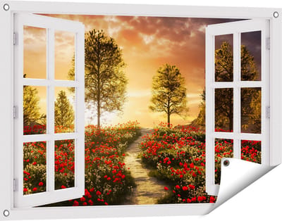 Gards Tuinposter Doorkijk Mooi Landschap met Rode Bloemen en Zonsondergang - 90x60 cm - Tuindoek - Tuindecoratie - Wanddecoratie buiten - Tuinschilderij