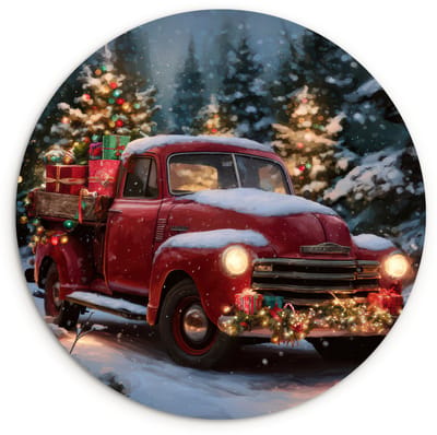 WallCircle® Wandcirkel 120x120 cm - Muurcirkel Kersttruck - Sneeuwbos - Rood - Muurdecoratie woonkamer - Wanddecoratie slaapkamer - Kamer decoratie accessoires - Ronde schilderijen XXL
