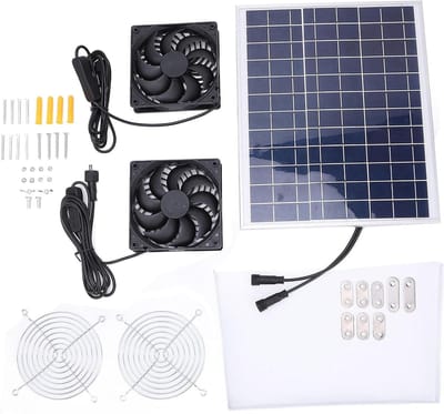 Zonnepaneel Ventilator - Dubbele Ventilator - Ventilatie Buiten - IP65 Waterbestendig - 15W Paneel - Zwart