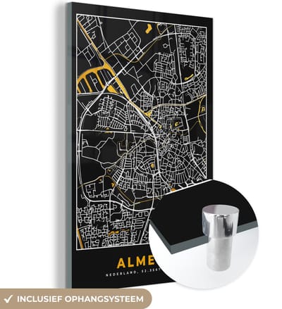 MuchoWow® Glasschilderij 40x60 cm - Schilderij acrylglas - Kaart - Almelo - Goud - Zwart - Foto op glas - Schilderijen