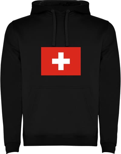 Zwarte unisex hoodie met Wereldse vlaggen het land Zwitserland merk Roly maat M